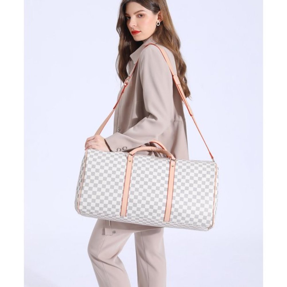 21" White Checkered Travel Bag Weekender Carry-on shoulder Luggage